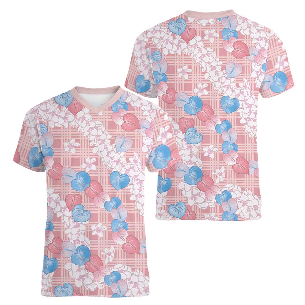 Anthurium Plumeria Lei Pastel Women V-Neck T-Shirt Pink Hawaiian Splendid Palaka