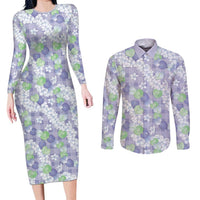 Anthurium Plumeria Lei Pastel Couples Matching Long Sleeve Bodycon Dress and Long Sleeve Button Shirt Purple Hawaiian Splendid Palaka