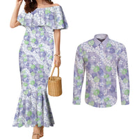 Anthurium Plumeria Lei Pastel Couples Matching Mermaid Dress and Long Sleeve Button Shirt Purple Hawaiian Splendid Palaka