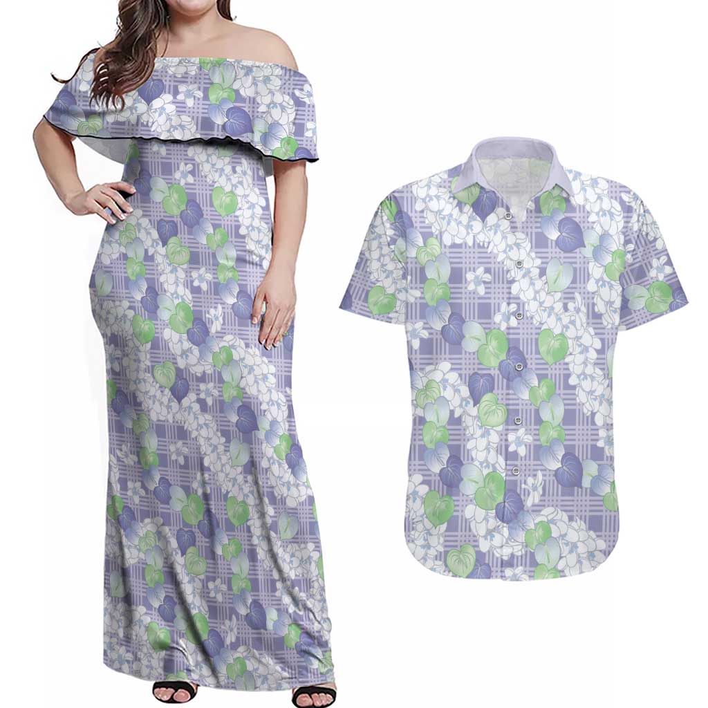 Anthurium Plumeria Lei Pastel Couples Matching Off Shoulder Maxi Dress and Hawaiian Shirt Purple Hawaiian Splendid Palaka
