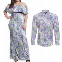 Anthurium Plumeria Lei Pastel Couples Matching Off Shoulder Maxi Dress and Long Sleeve Button Shirt Purple Hawaiian Splendid Palaka