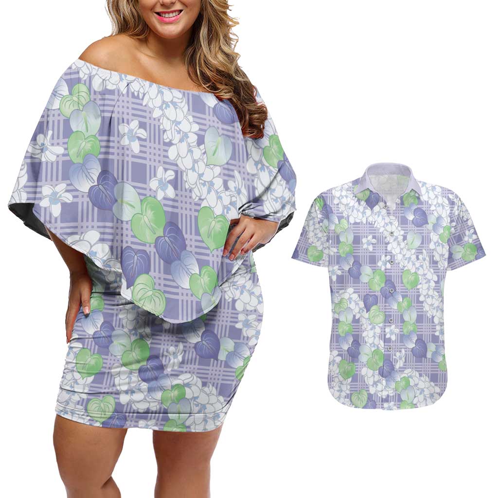 Anthurium Plumeria Lei Pastel Couples Matching Off Shoulder Short Dress and Hawaiian Shirt Purple Hawaiian Splendid Palaka
