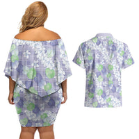 Anthurium Plumeria Lei Pastel Couples Matching Off Shoulder Short Dress and Hawaiian Shirt Purple Hawaiian Splendid Palaka