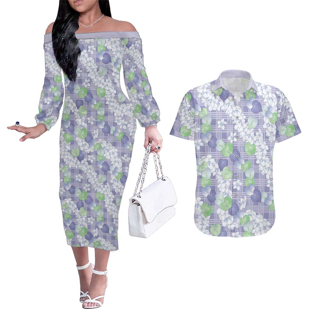 Anthurium Plumeria Lei Pastel Couples Matching Off The Shoulder Long Sleeve Dress and Hawaiian Shirt Purple Hawaiian Splendid Palaka