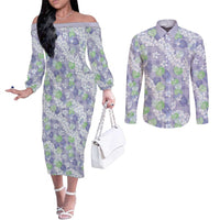 Anthurium Plumeria Lei Pastel Couples Matching Off The Shoulder Long Sleeve Dress and Long Sleeve Button Shirt Purple Hawaiian Splendid Palaka