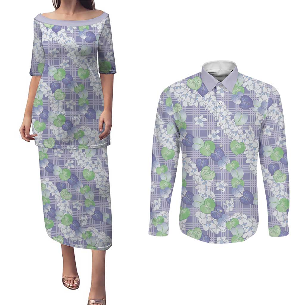 Anthurium Plumeria Lei Pastel Couples Matching Puletasi and Long Sleeve Button Shirt Purple Hawaiian Splendid Palaka