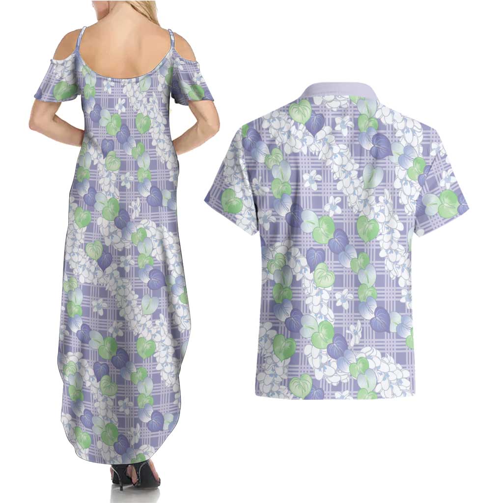 Anthurium Plumeria Lei Pastel Couples Matching Summer Maxi Dress and Hawaiian Shirt Purple Hawaiian Splendid Palaka