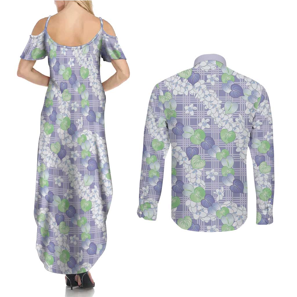Anthurium Plumeria Lei Pastel Couples Matching Summer Maxi Dress and Long Sleeve Button Shirt Purple Hawaiian Splendid Palaka