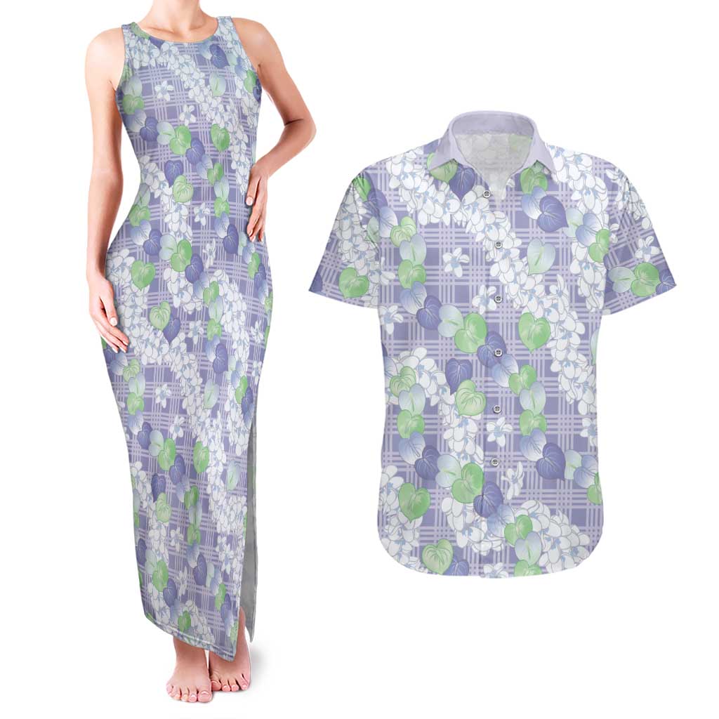 Anthurium Plumeria Lei Pastel Couples Matching Tank Maxi Dress and Hawaiian Shirt Purple Hawaiian Splendid Palaka