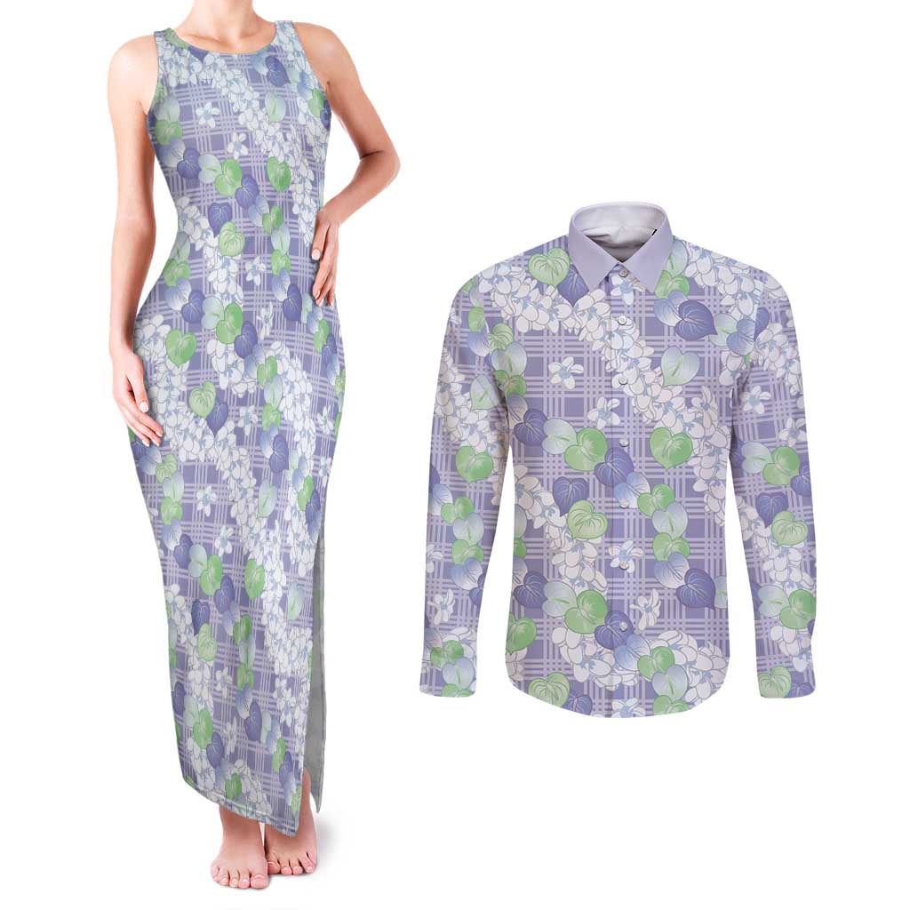 Anthurium Plumeria Lei Pastel Couples Matching Tank Maxi Dress and Long Sleeve Button Shirt Purple Hawaiian Splendid Palaka