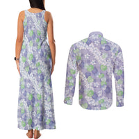 Anthurium Plumeria Lei Pastel Couples Matching Tank Maxi Dress and Long Sleeve Button Shirt Purple Hawaiian Splendid Palaka
