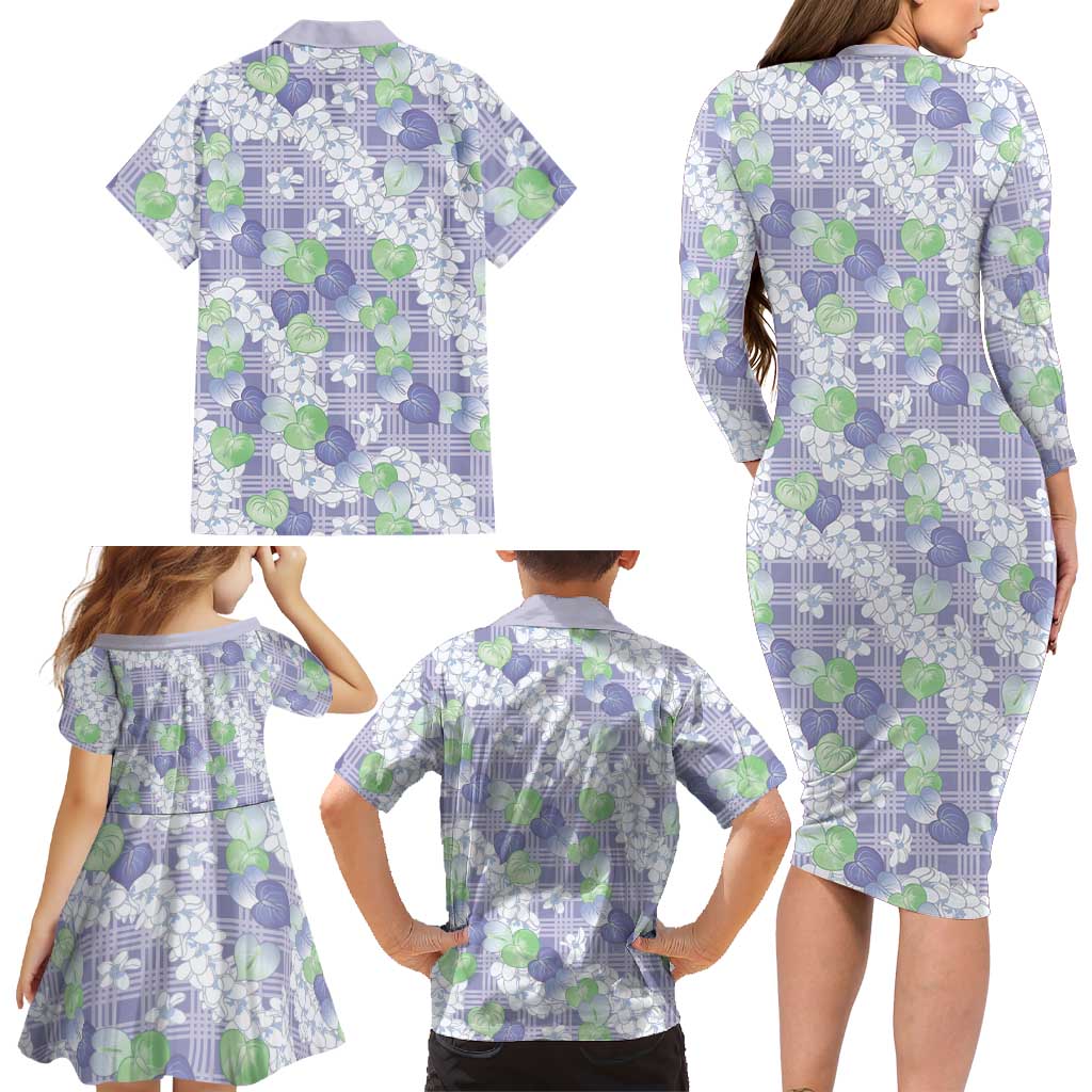 Anthurium Plumeria Lei Pastel Family Matching Long Sleeve Bodycon Dress and Hawaiian Shirt Purple Hawaiian Splendid Palaka