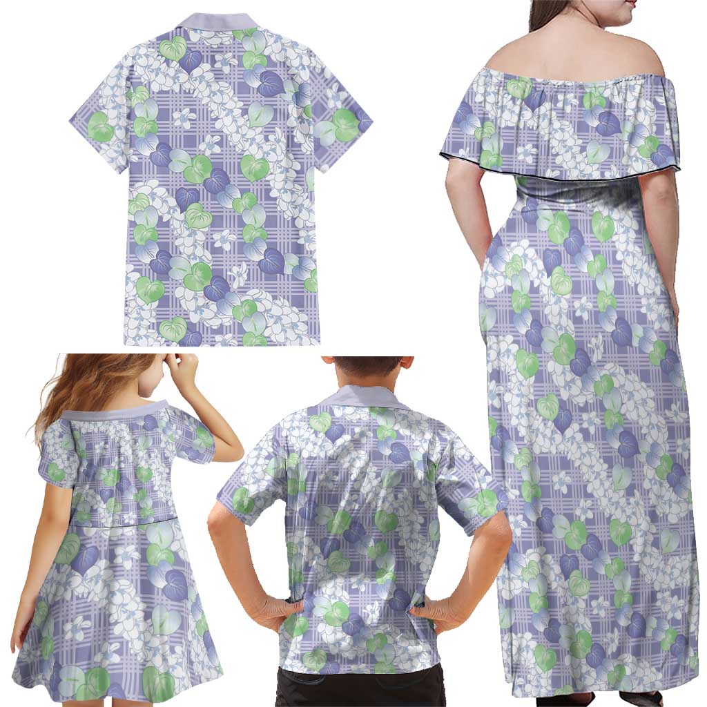 Anthurium Plumeria Lei Pastel Family Matching Off Shoulder Maxi Dress and Hawaiian Shirt Purple Hawaiian Splendid Palaka