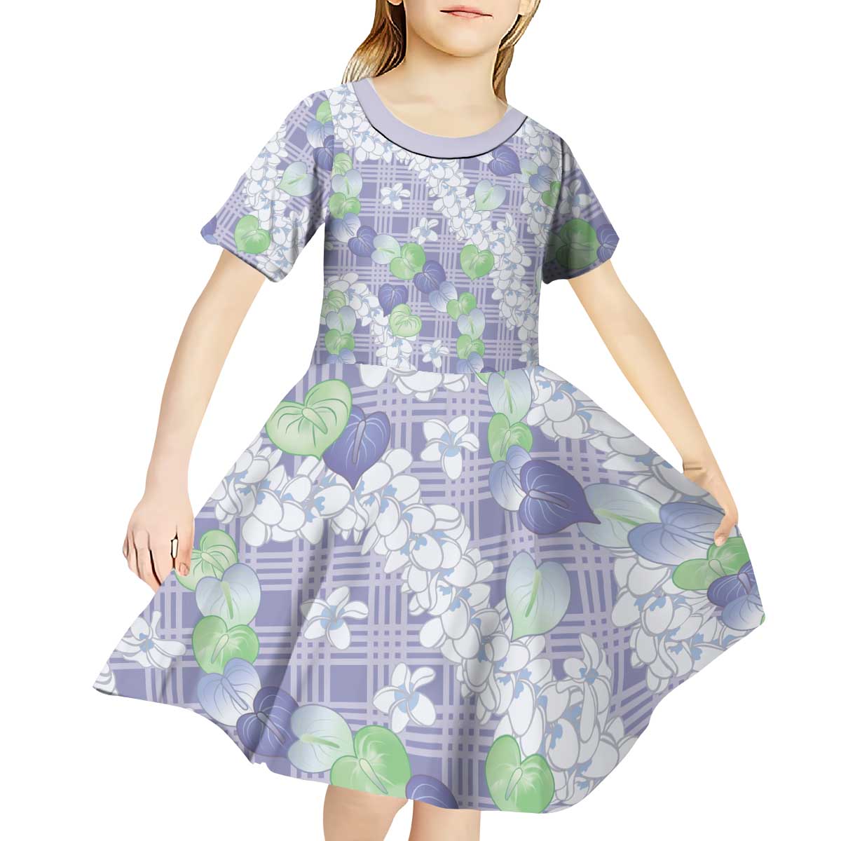 Anthurium Plumeria Lei Pastel Kid Short Sleeve Dress Purple Hawaiian Splendid Palaka