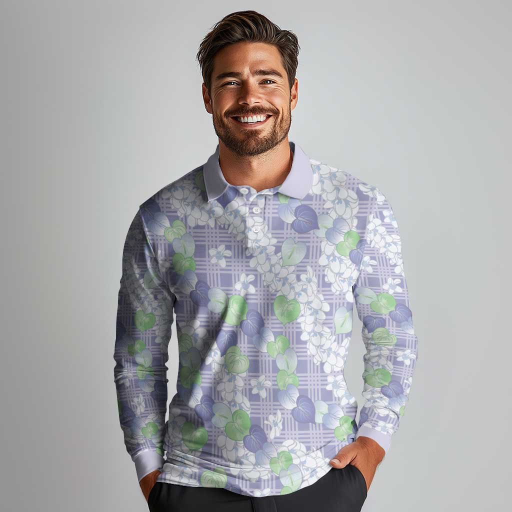 Anthurium Plumeria Lei Pastel Long Sleeve Polo Shirt Purple Hawaiian Splendid Palaka LT01 - Polynesian Pride
