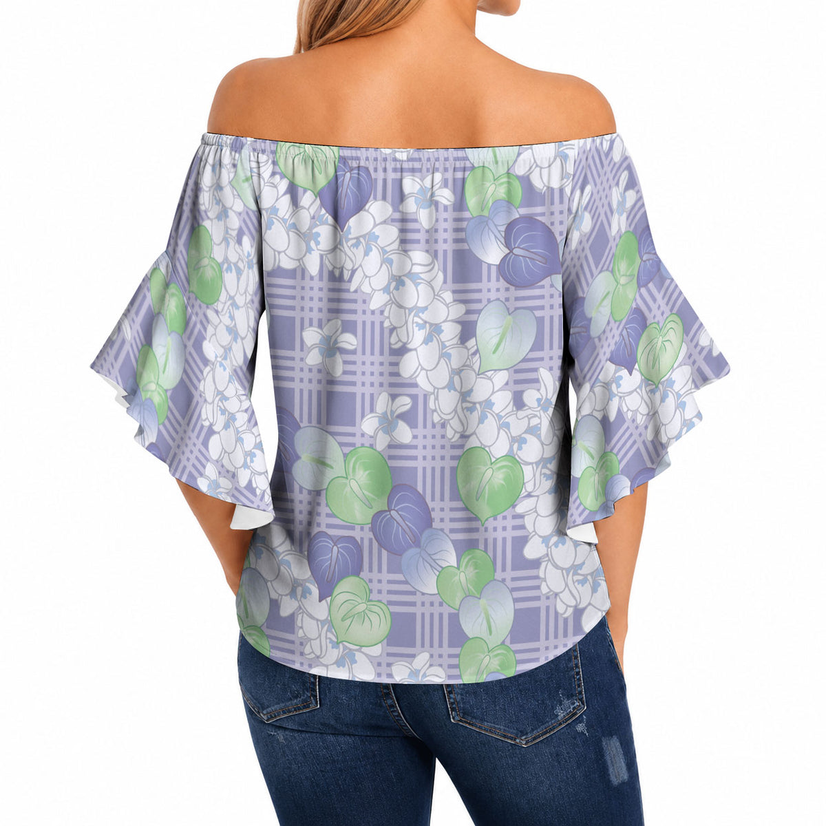 Anthurium Plumeria Lei Pastel Off Shoulder Wrap Waist Top Purple Hawaiian Splendid Palaka LT01 - Polynesian Pride