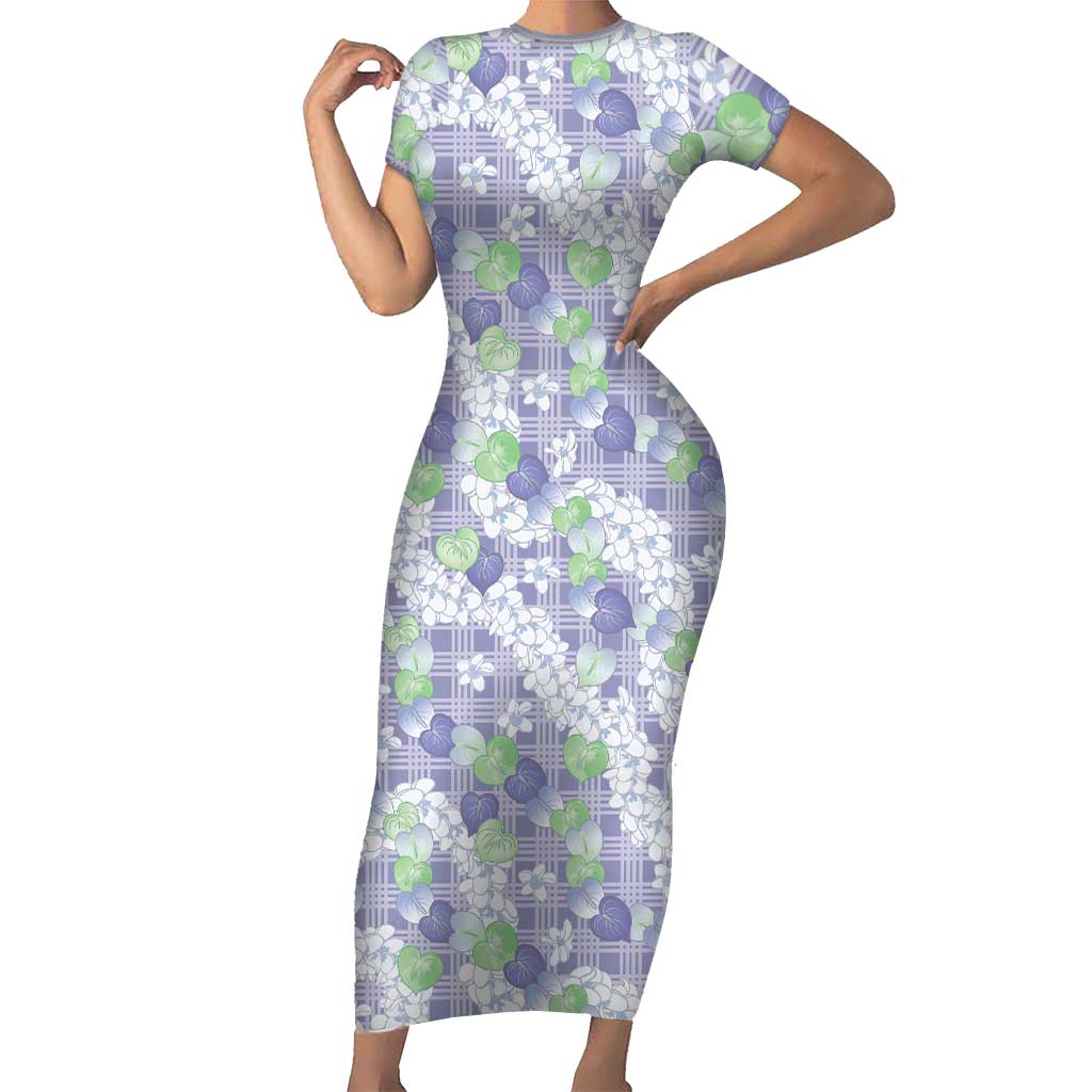 Anthurium Plumeria Lei Pastel Short Sleeve Bodycon Dress Purple Hawaiian Splendid Palaka
