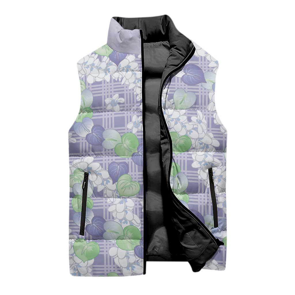 Anthurium Plumeria Lei Pastel Sleeveless Puffer Jacket Purple Hawaiian Splendid Palaka