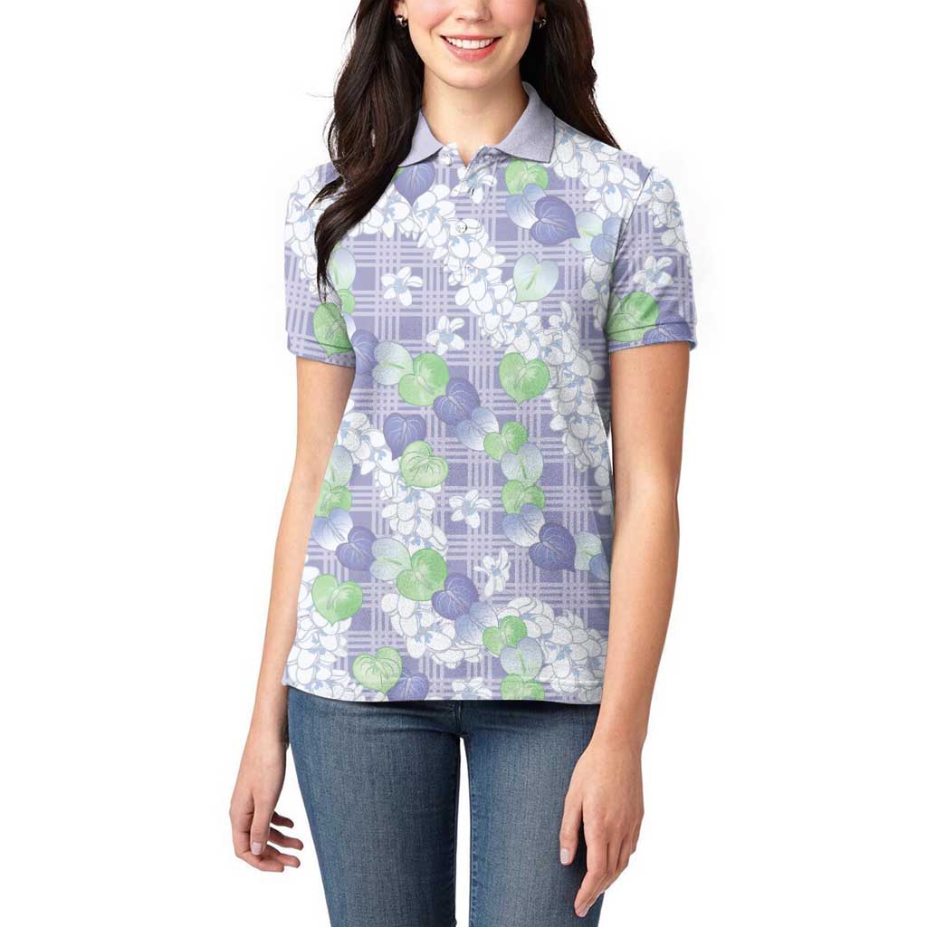 Anthurium Plumeria Lei Pastel Women Polo Shirt Purple Hawaiian Splendid Palaka
