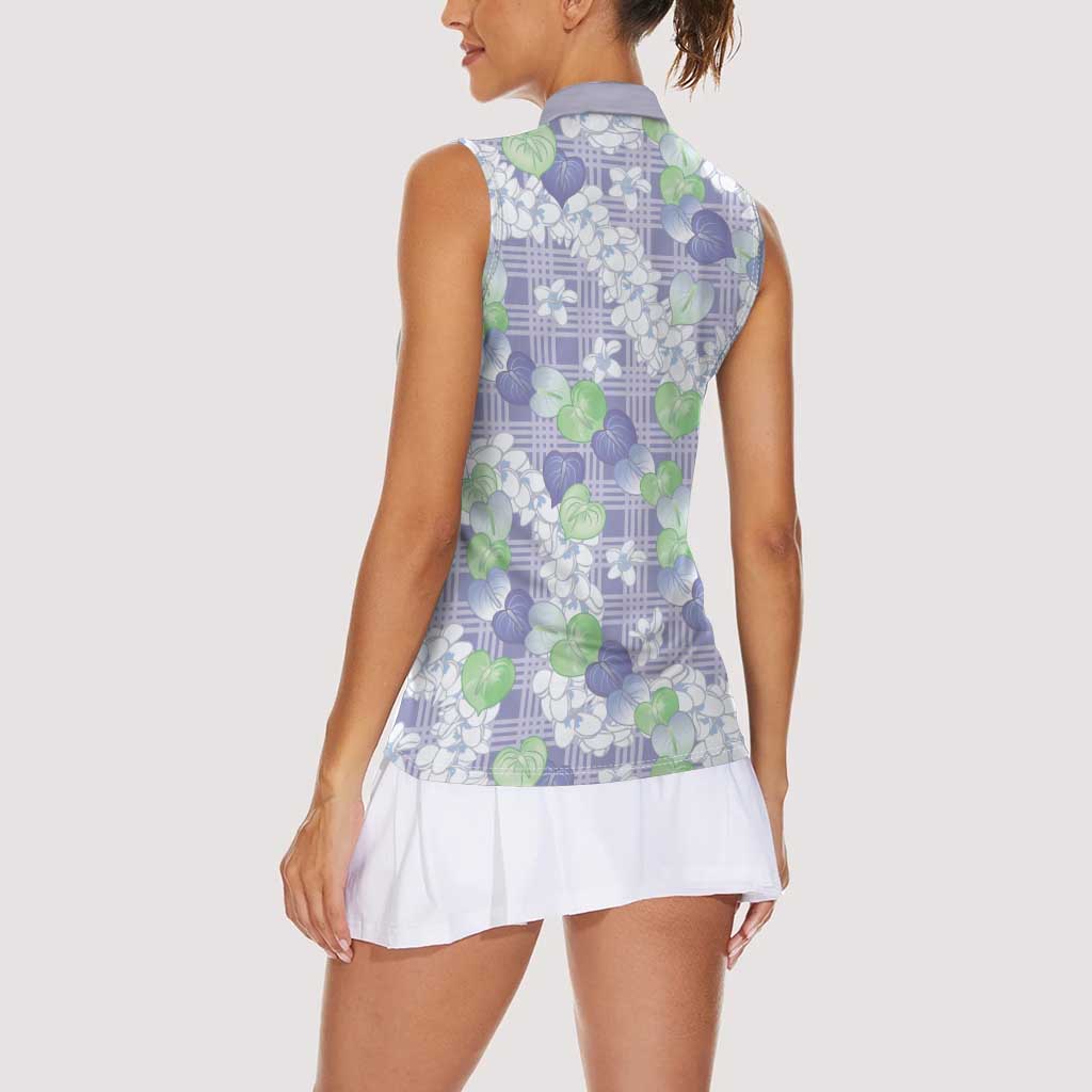 Anthurium Plumeria Lei Pastel Women Sleeveless Polo Shirt Purple Hawaiian Splendid Palaka