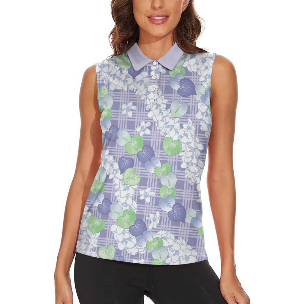Anthurium Plumeria Lei Pastel Women Sleeveless Polo Shirt Purple Hawaiian Splendid Palaka