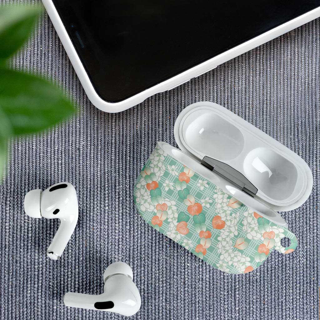 Anthurium Plumeria Lei Pastel AirPods Case Teal Hawaiian Splendid Palaka LT01 - Polynesian Pride