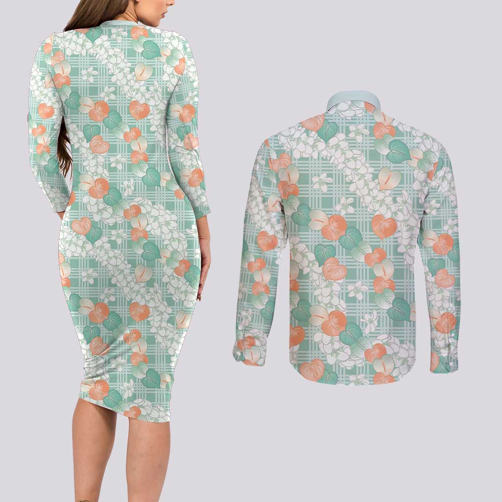 Anthurium Plumeria Lei Pastel Couples Matching Long Sleeve Bodycon Dress and Long Sleeve Button Shirt Teal Hawaiian Splendid Palaka