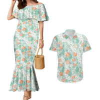 Anthurium Plumeria Lei Pastel Couples Matching Mermaid Dress and Hawaiian Shirt Teal Hawaiian Splendid Palaka