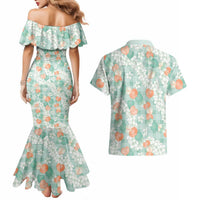 Anthurium Plumeria Lei Pastel Couples Matching Mermaid Dress and Hawaiian Shirt Teal Hawaiian Splendid Palaka