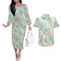 Anthurium Plumeria Lei Pastel Couples Matching Off The Shoulder Long Sleeve Dress and Hawaiian Shirt Teal Hawaiian Splendid Palaka