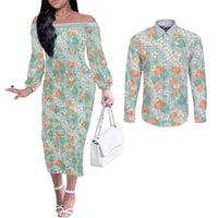 Anthurium Plumeria Lei Pastel Couples Matching Off The Shoulder Long Sleeve Dress and Long Sleeve Button Shirt Teal Hawaiian Splendid Palaka