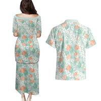 Anthurium Plumeria Lei Pastel Couples Matching Puletasi and Hawaiian Shirt Teal Hawaiian Splendid Palaka