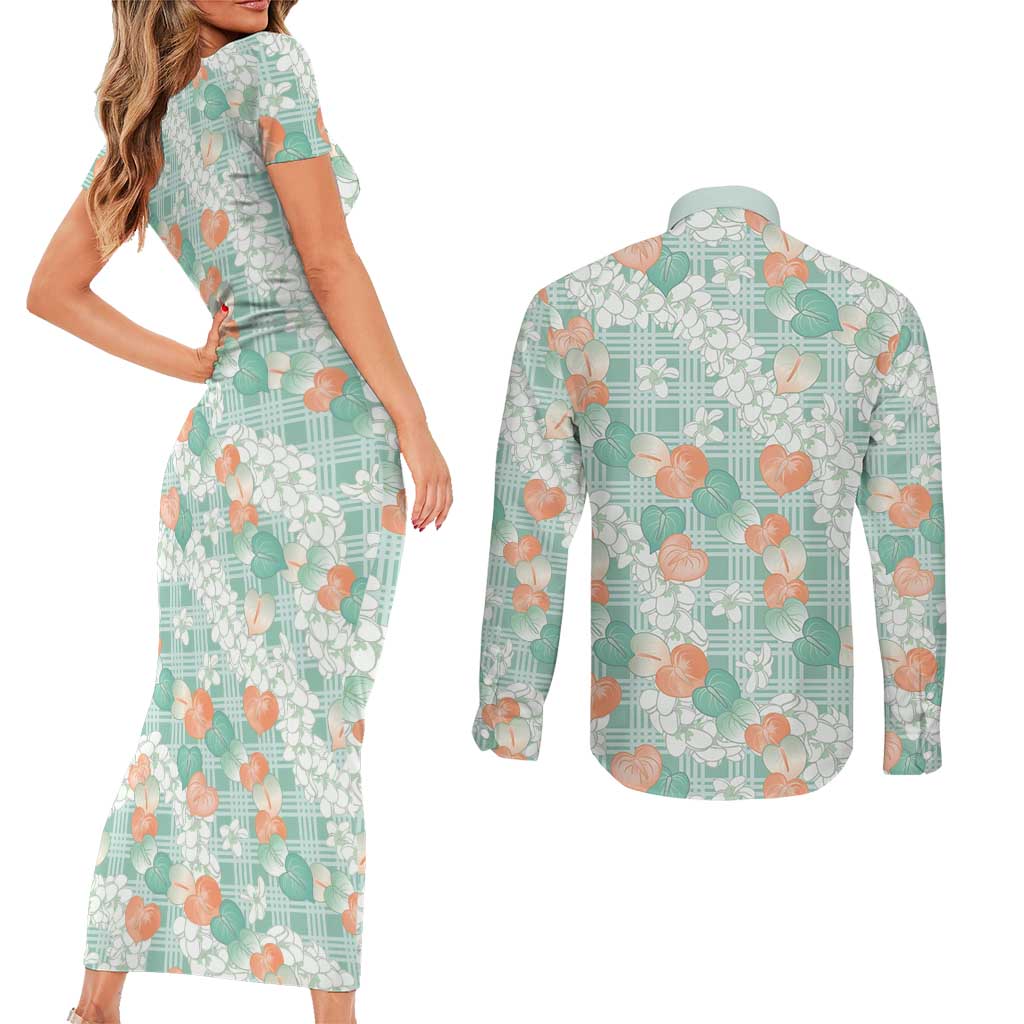 Anthurium Plumeria Lei Pastel Couples Matching Short Sleeve Bodycon Dress and Long Sleeve Button Shirt Teal Hawaiian Splendid Palaka