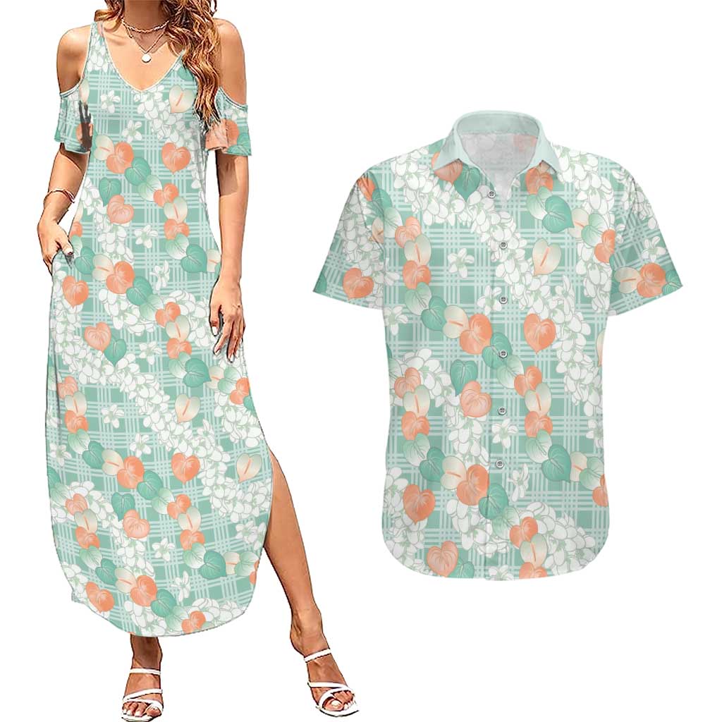 Anthurium Plumeria Lei Pastel Couples Matching Summer Maxi Dress and Hawaiian Shirt Teal Hawaiian Splendid Palaka