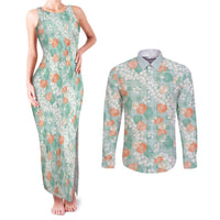 Anthurium Plumeria Lei Pastel Couples Matching Tank Maxi Dress and Long Sleeve Button Shirt Teal Hawaiian Splendid Palaka