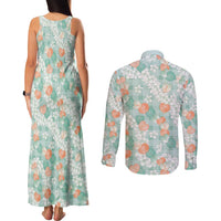 Anthurium Plumeria Lei Pastel Couples Matching Tank Maxi Dress and Long Sleeve Button Shirt Teal Hawaiian Splendid Palaka