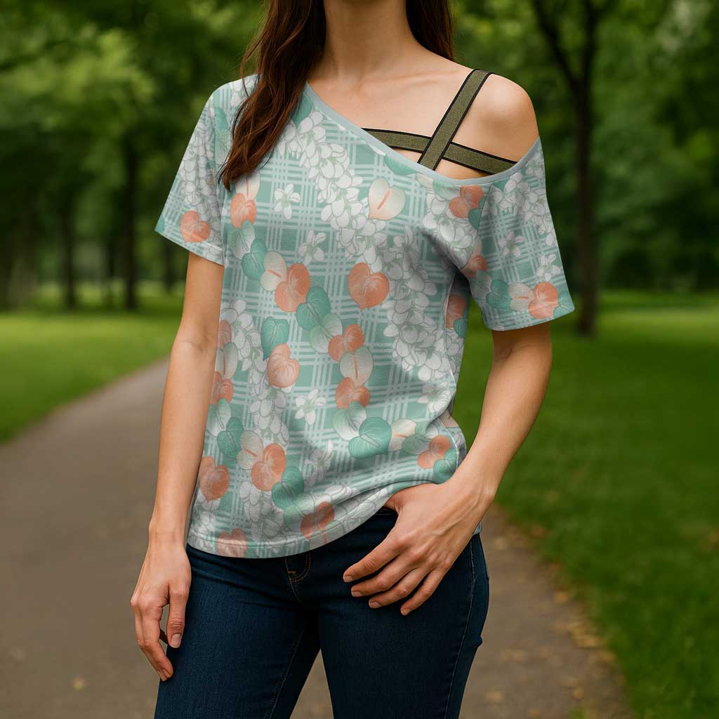 Anthurium Plumeria Lei Pastel Cross Shoulder Shirt Teal Hawaiian Splendid Palaka