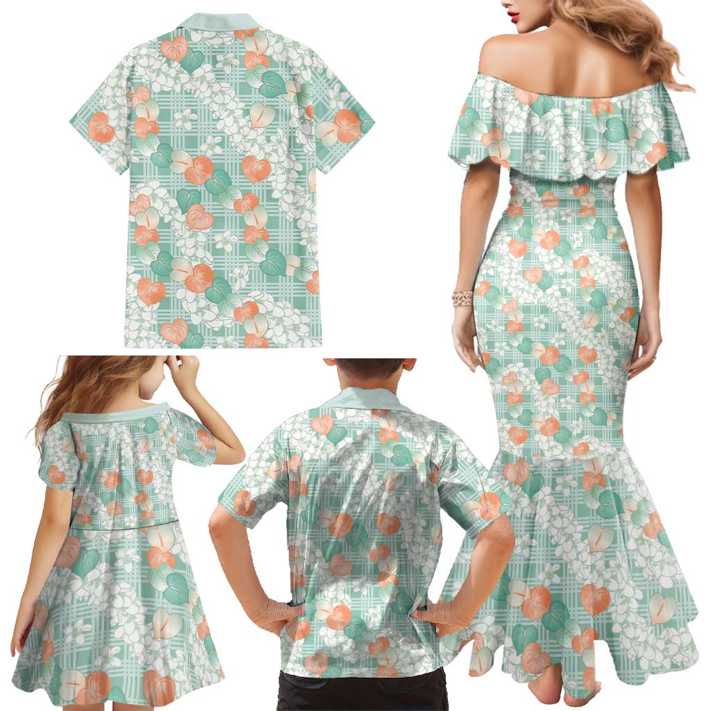 Anthurium Plumeria Lei Pastel Family Matching Mermaid Dress and Hawaiian Shirt Teal Hawaiian Splendid Palaka
