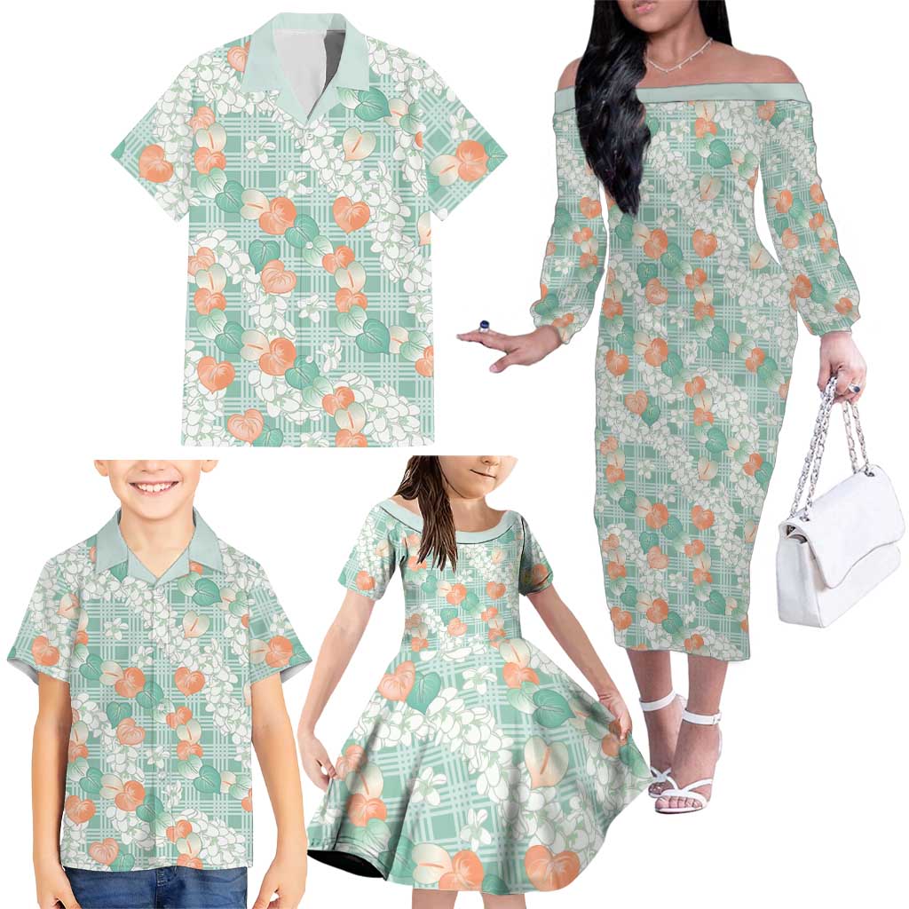 Anthurium Plumeria Lei Pastel Family Matching Off The Shoulder Long Sleeve Dress and Hawaiian Shirt Teal Hawaiian Splendid Palaka