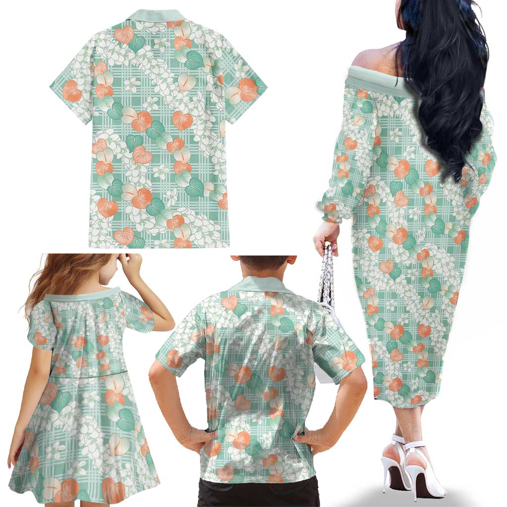 Anthurium Plumeria Lei Pastel Family Matching Off The Shoulder Long Sleeve Dress and Hawaiian Shirt Teal Hawaiian Splendid Palaka