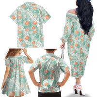 Anthurium Plumeria Lei Pastel Family Matching Off The Shoulder Long Sleeve Dress and Hawaiian Shirt Teal Hawaiian Splendid Palaka
