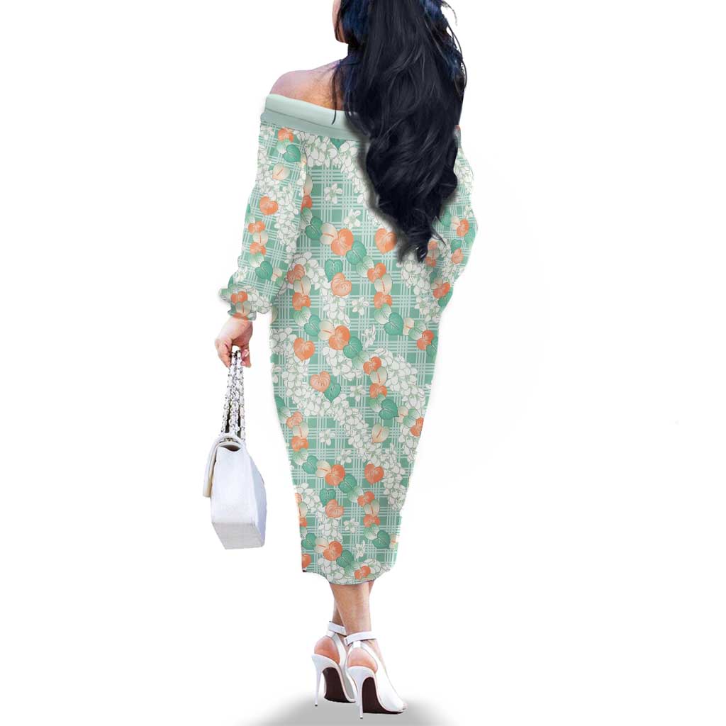 Anthurium Plumeria Lei Pastel Family Matching Off The Shoulder Long Sleeve Dress and Hawaiian Shirt Teal Hawaiian Splendid Palaka