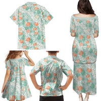 Anthurium Plumeria Lei Pastel Family Matching Puletasi and Hawaiian Shirt Teal Hawaiian Splendid Palaka