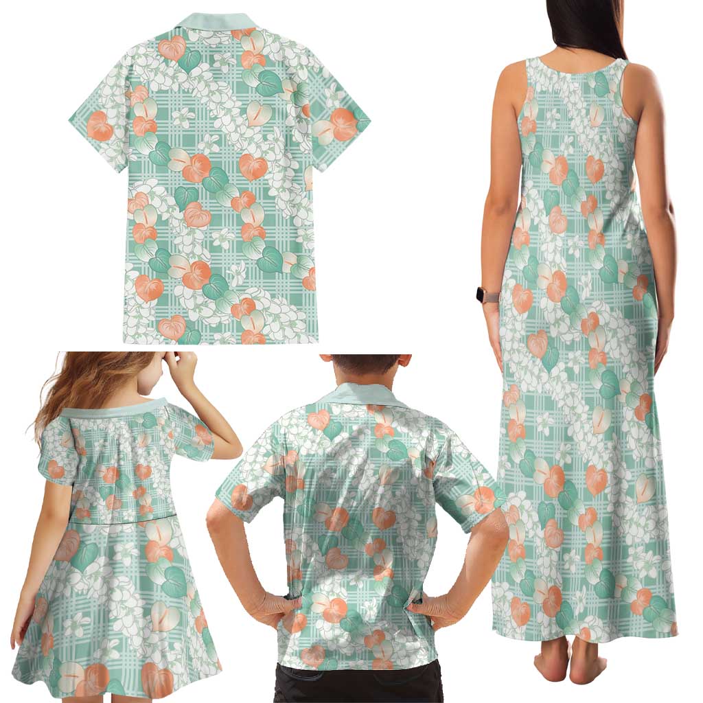 Anthurium Plumeria Lei Pastel Family Matching Tank Maxi Dress and Hawaiian Shirt Teal Hawaiian Splendid Palaka