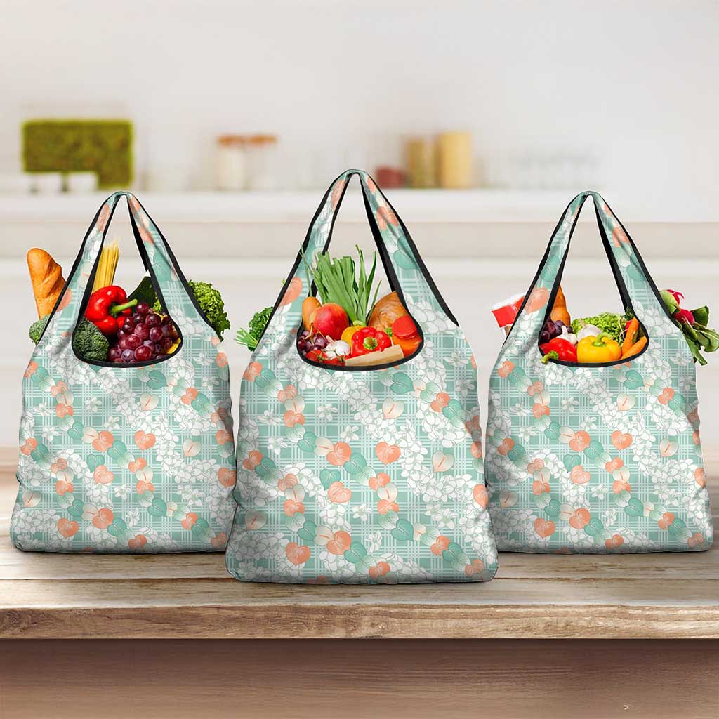 Anthurium Plumeria Lei Pastel Grocery Bag Teal Hawaiian Splendid Palaka LT01 3-pack One Size Teal - Polynesian Pride
