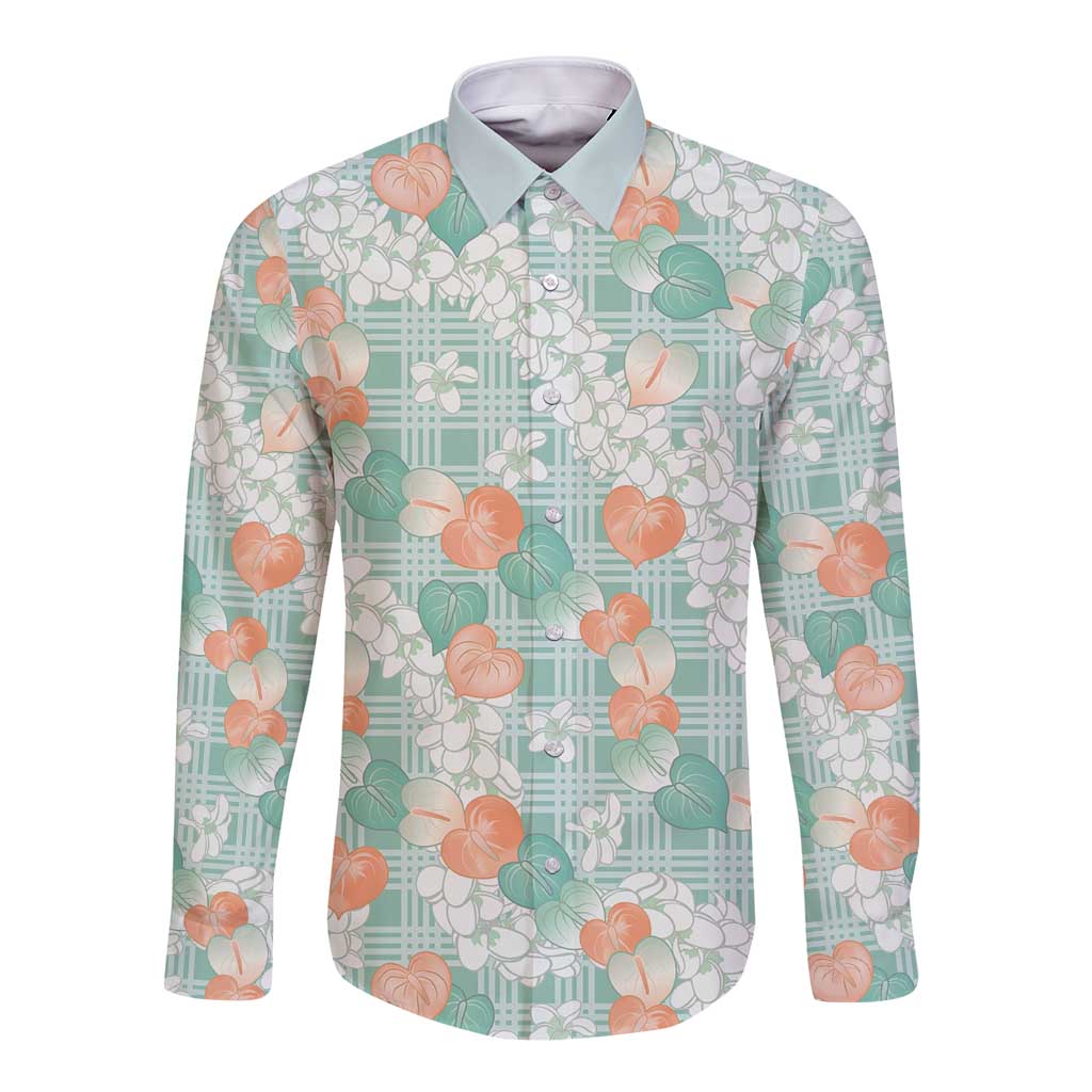 Anthurium Plumeria Lei Pastel Long Sleeve Button Shirt Teal Hawaiian Splendid Palaka