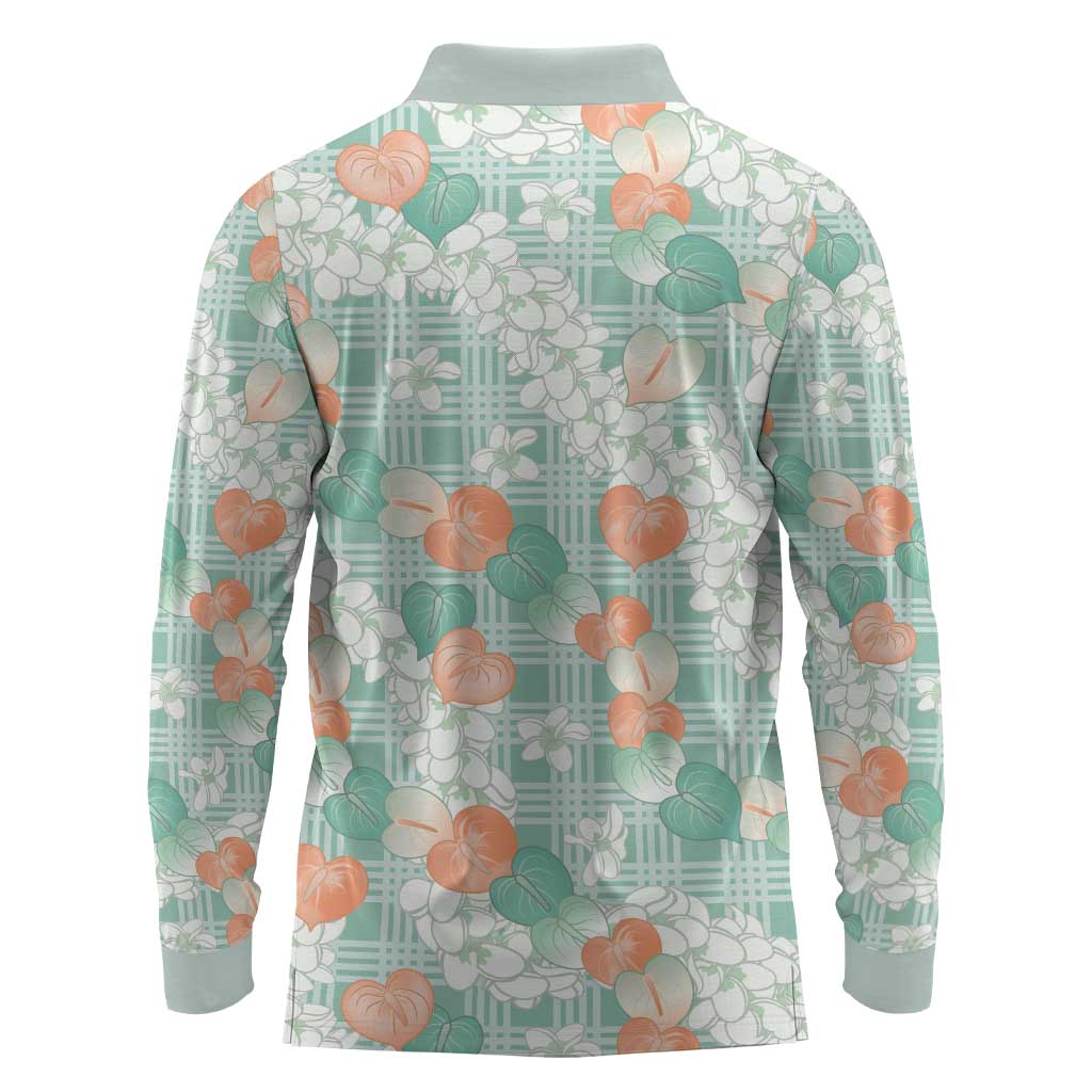 Anthurium Plumeria Lei Pastel Long Sleeve Polo Shirt Teal Hawaiian Splendid Palaka