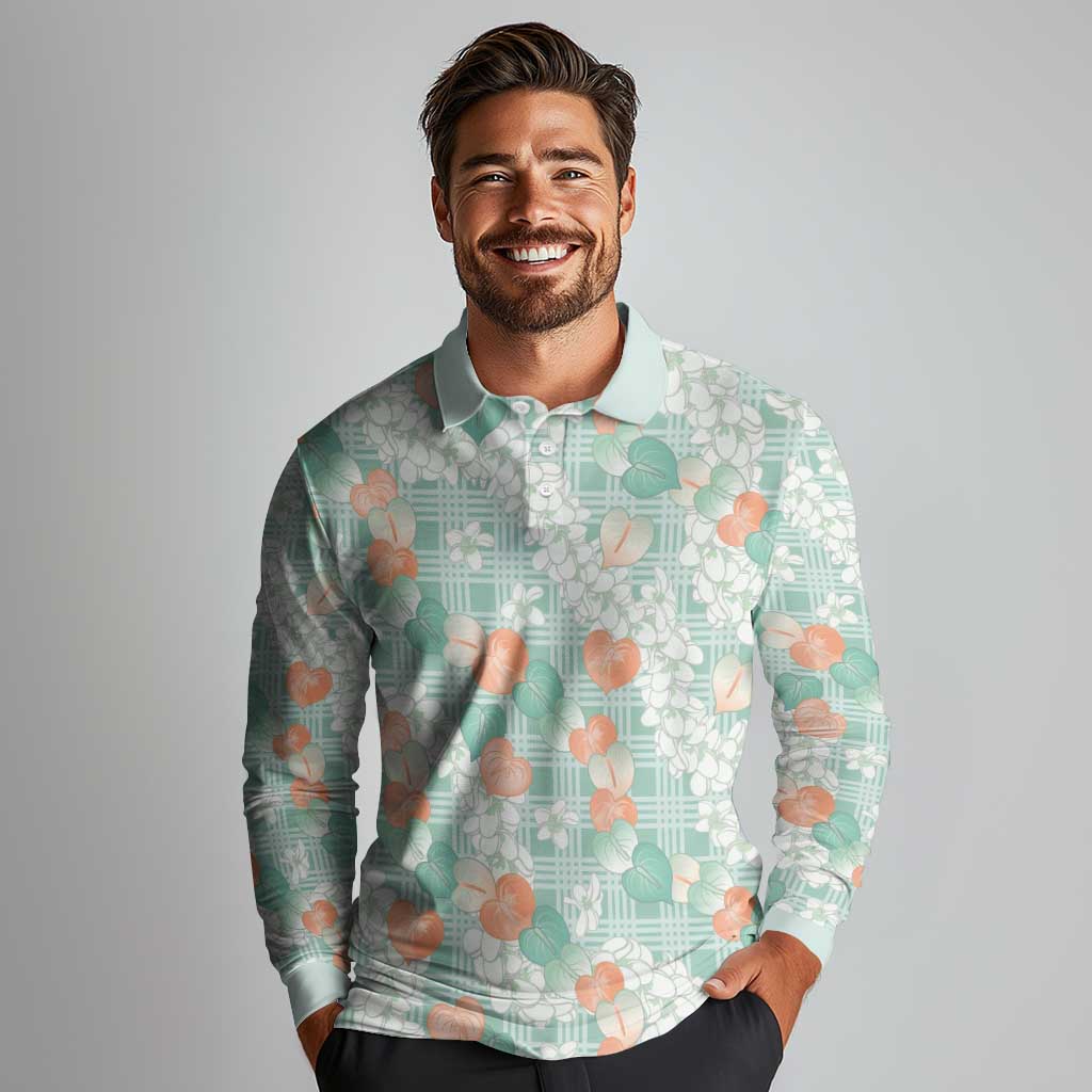 Anthurium Plumeria Lei Pastel Long Sleeve Polo Shirt Teal Hawaiian Splendid Palaka