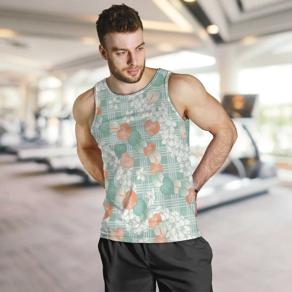 Anthurium Plumeria Lei Pastel Men Tank Top Teal Hawaiian Splendid Palaka LT01 Teal - Polynesian Pride