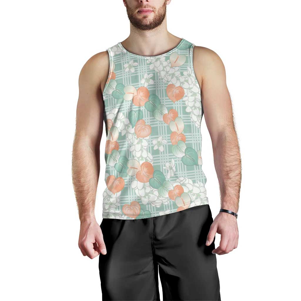 Anthurium Plumeria Lei Pastel Men Tank Top Teal Hawaiian Splendid Palaka LT01 - Polynesian Pride